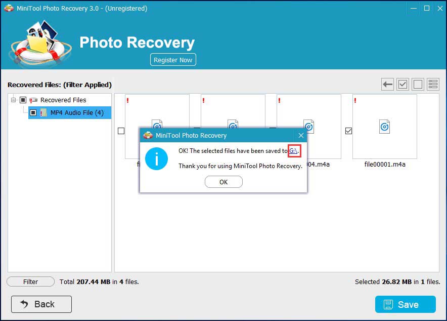 the selected files are saved on the specified path