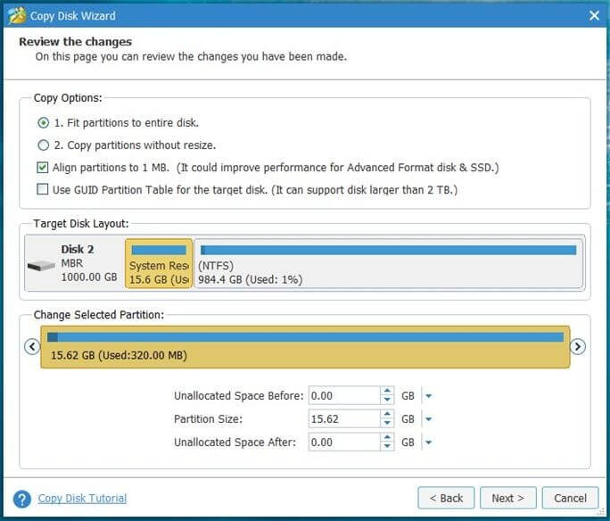 sélectionnez les options de copie