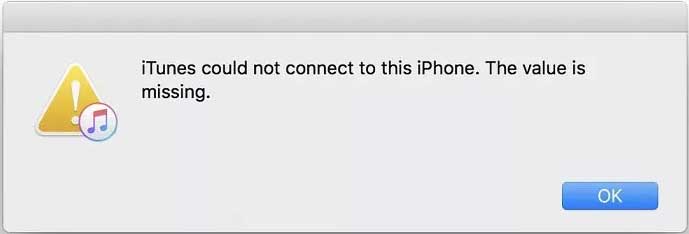 iTunes could not connect to this iPhone. The value is missing