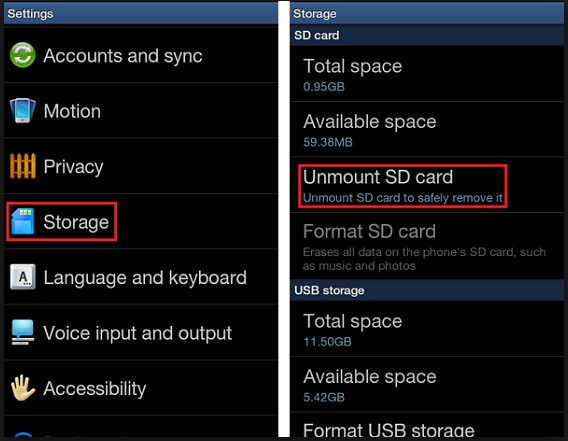 select Unmount SD card