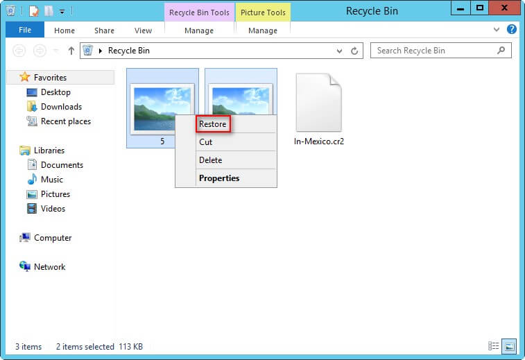 restore files from the recycle bin
