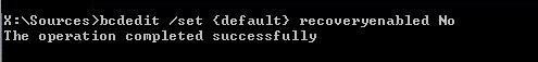 bcdedit set default recoveryenabled Non