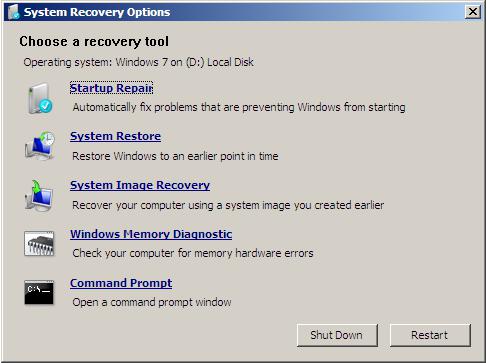 herramientas de recuperación en el disco de instalación de Windows