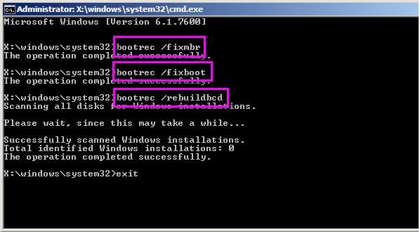 reparar mbr en el símbolo del sistema del disco de instalación de Windows