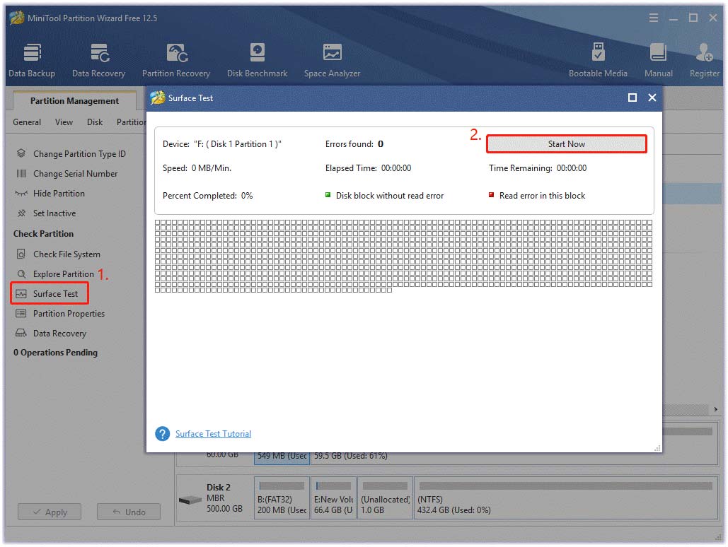 effectuer un test de surface à l'aide de MiniTool Partition Wizard