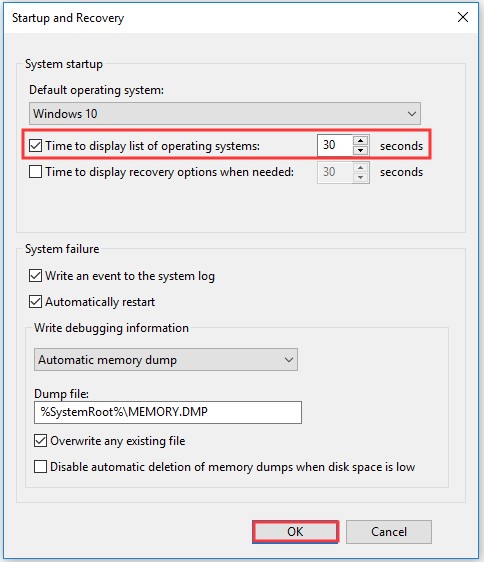 select the Time to display list of operating systems box