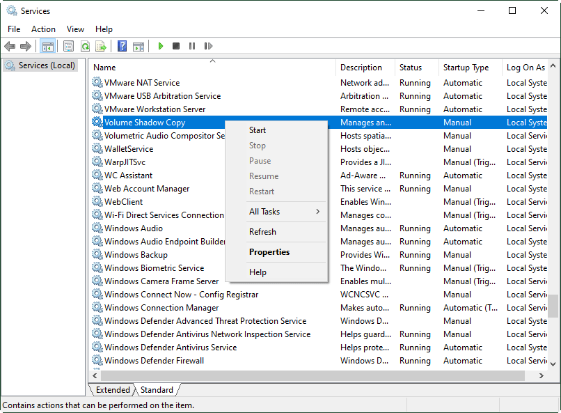 start or restart Volume Shadow Copy service