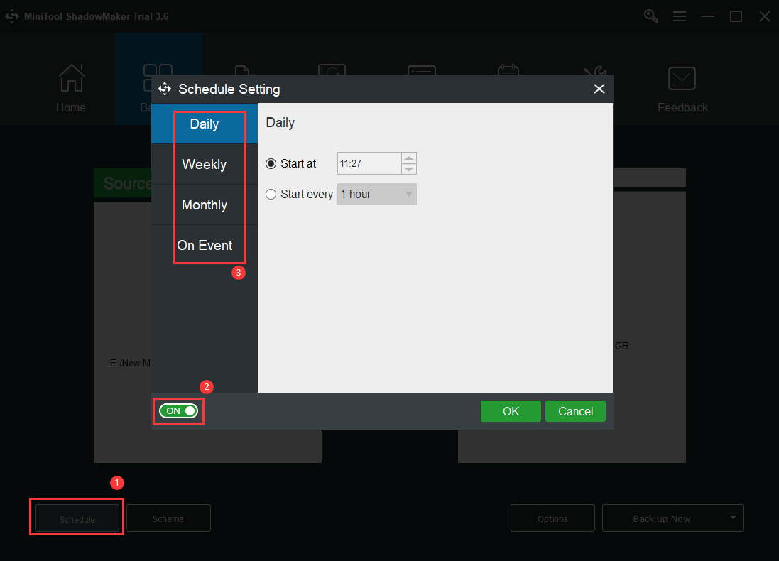 VSS system backup schedule settings