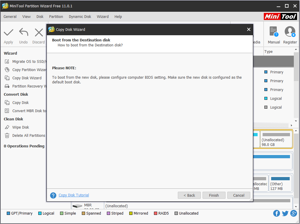 as informações sobre como inicializar a partir do disco de destino