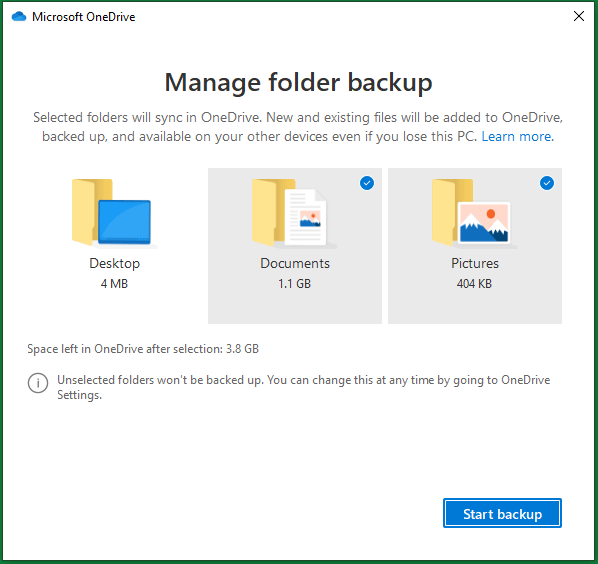 OneDrive manage folder backup