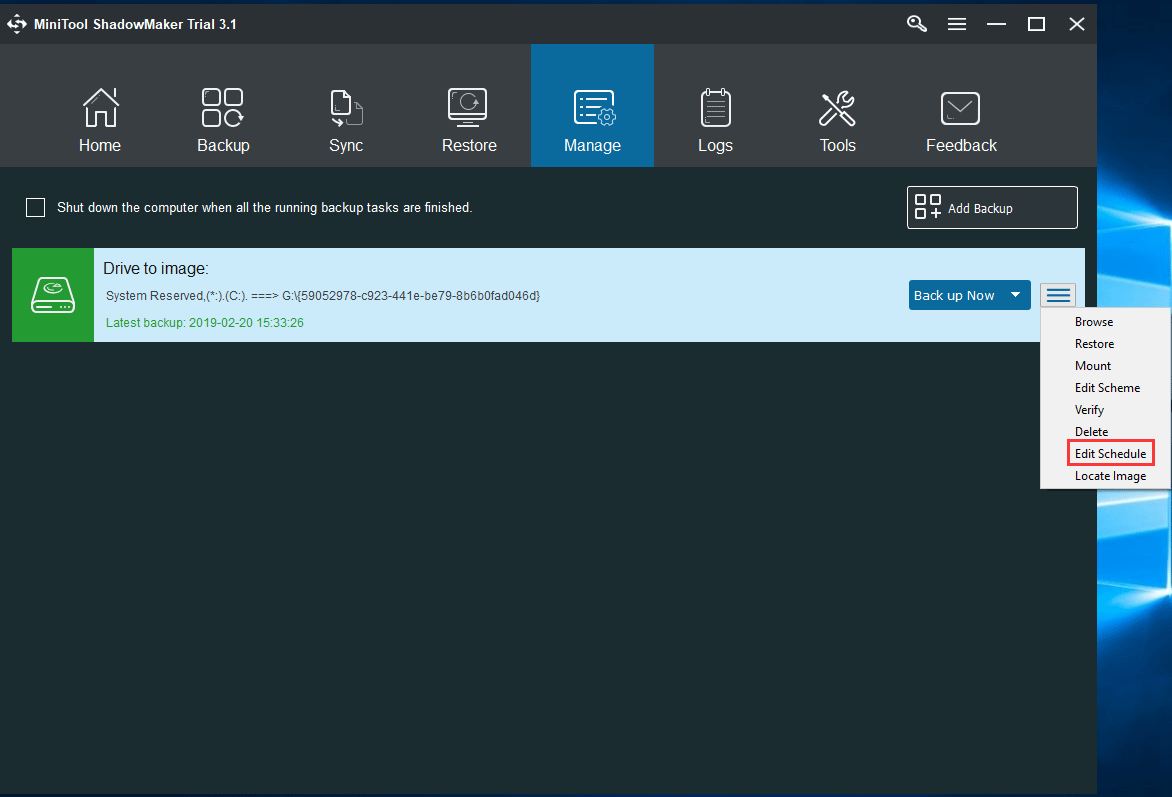 automatically back up your PC in Manage page