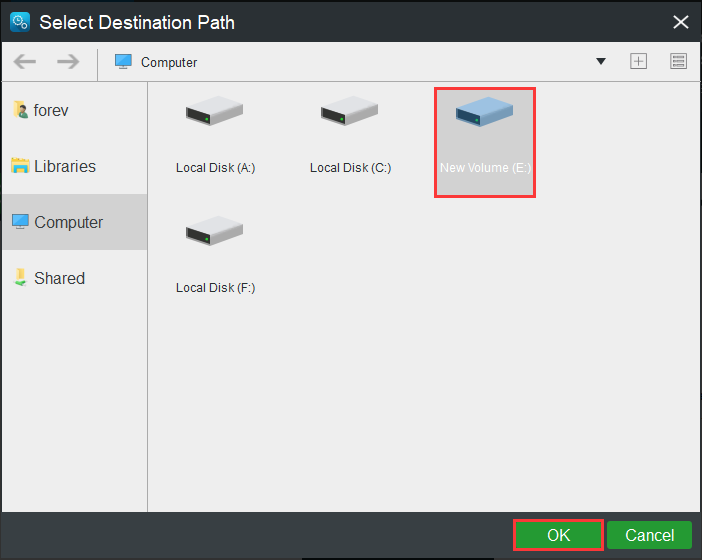 choose the backup destination