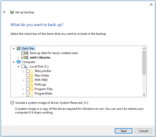 select files and folders you want to back up