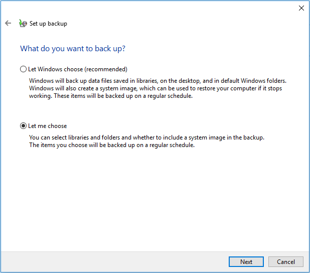 deixe-me escolher os arquivos para backup automático do Windows 10