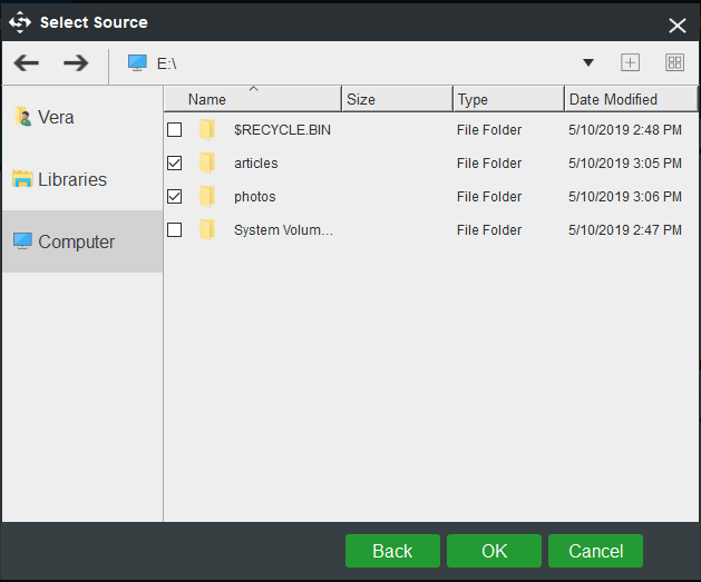 escolha pastas ou arquivos para fazer backup