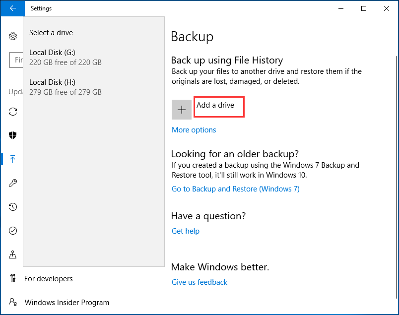 Arquivos de backup do histórico de arquivos do Windows 10