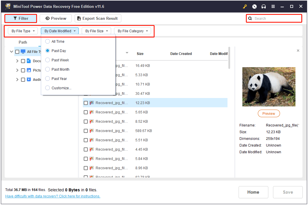 filter and search for files