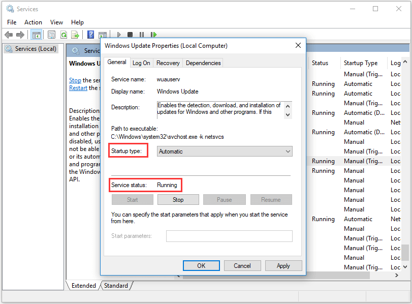 change startup type to automatic and service to running