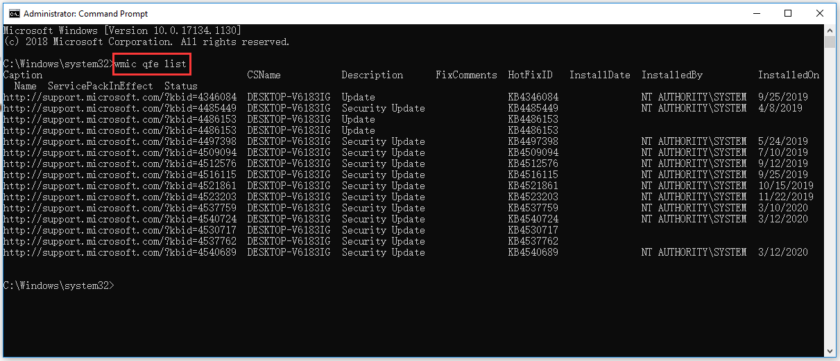 check Windows 10 update history with Command Prompt