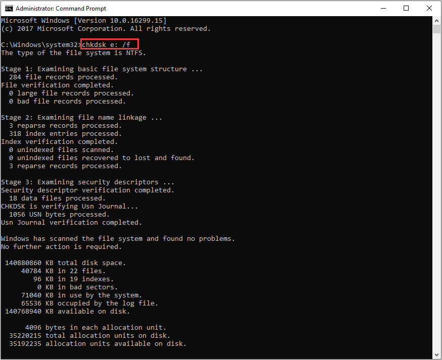 exécutez chkdsk / f pour corriger les erreurs de disque