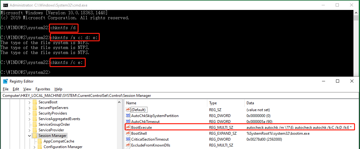 schedule automatic file checking on drive E excluding drive C and D