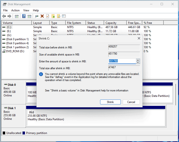 shrink volume in Disk Management