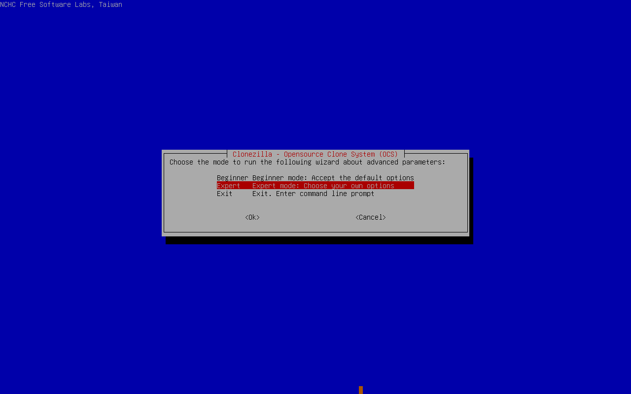 choose Expert mode in Clonezilla