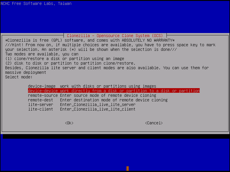 Clonezilla device-device option for cloning