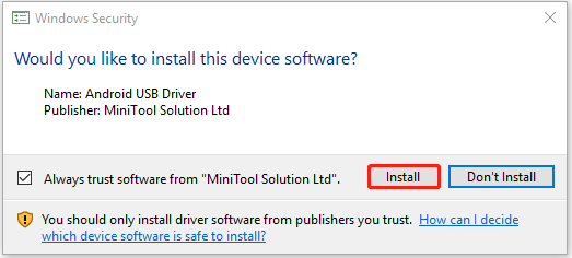click the button to install the Android USB Driver
