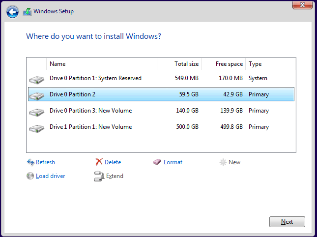 choisir un lecteur pour installer Windows