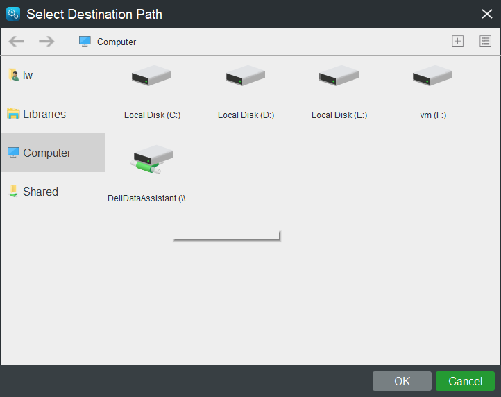 escolha um destino de backup