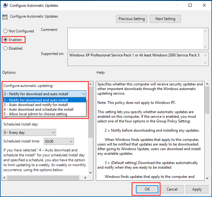 elija Notificar para descarga e instalación automática y haga clic en Aceptar para continuar