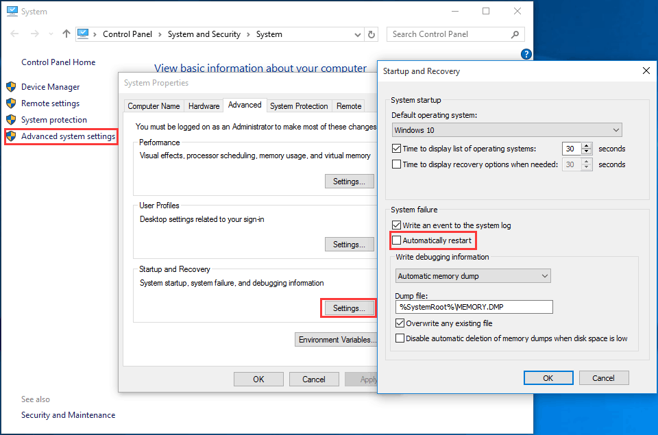 desativar o recurso de reinicialização automática no Windows 10