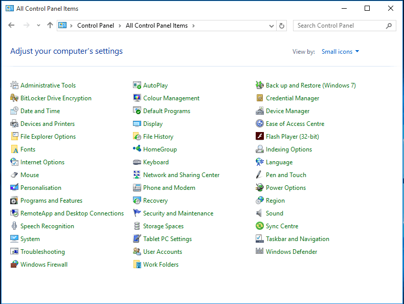 Control Panel in Windows 10