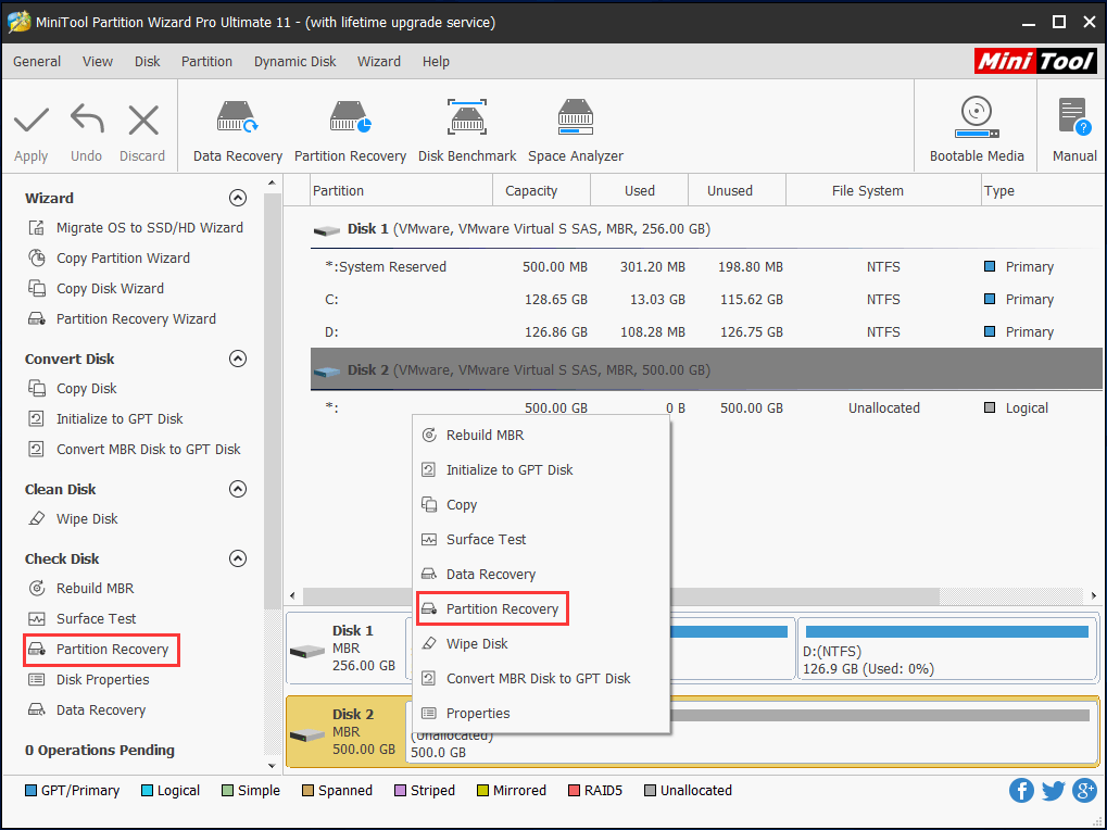 use la función de recuperación de partición para convertir RAW a NTFS