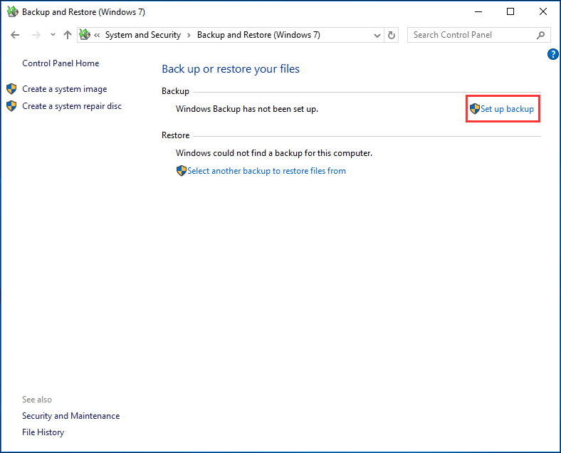 configurar la copia de seguridad en Windows 10 con Copia de seguridad y restauración (Windows 7)