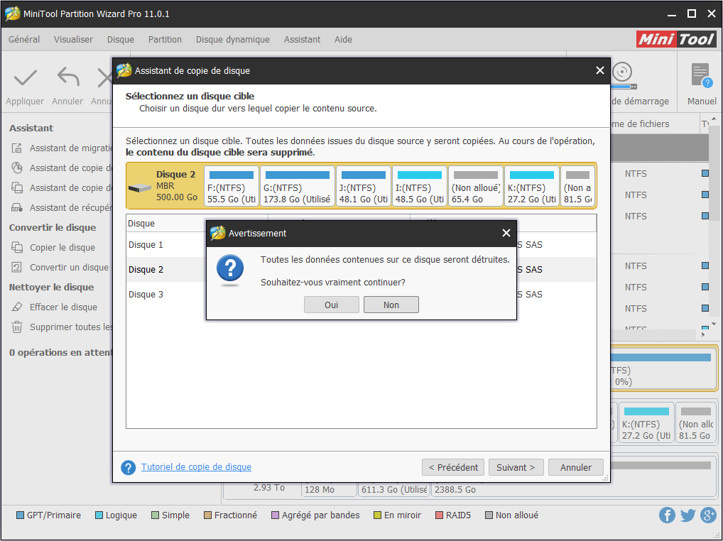 choisissez un disque cible sur lequel la copie sera stockée et cliquez sur Suivant pour continuer