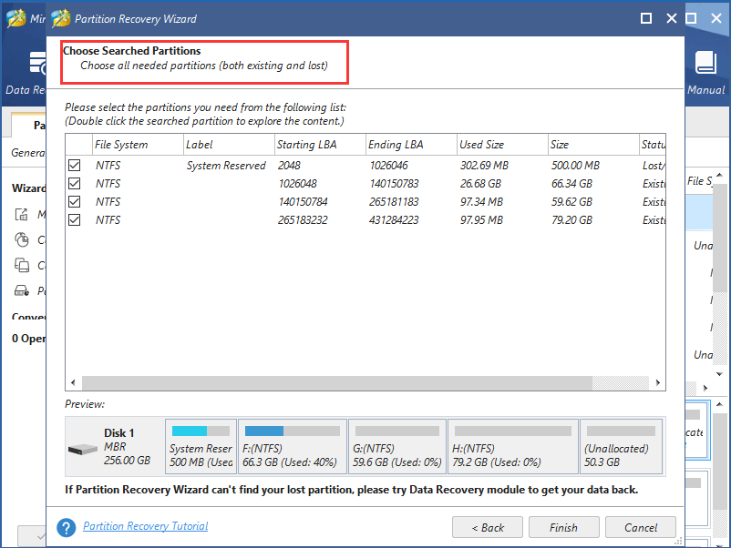 vérifier toutes les partitions à restaurer