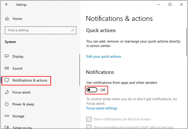 turn off the feature Get notifications from apps and other senders
