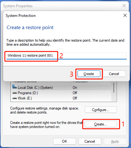 create a system restore point on Windows 11