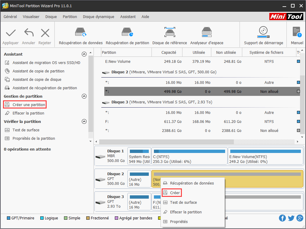 activer la fonction Créer une partition