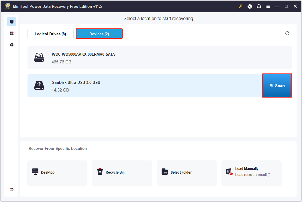 scan the partition from the Devices section