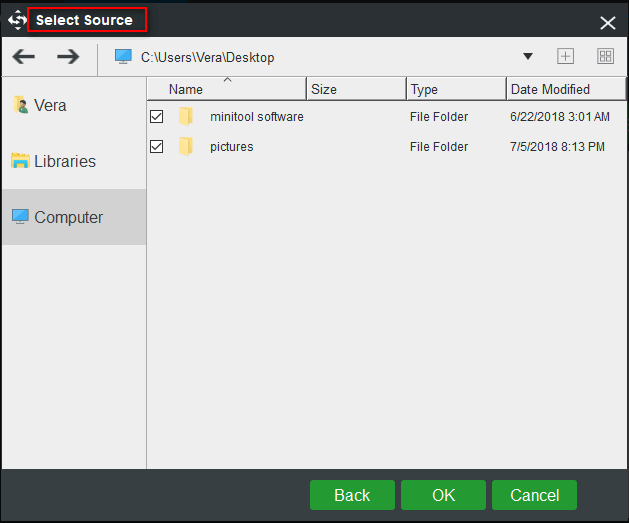 select the files or folders to backup