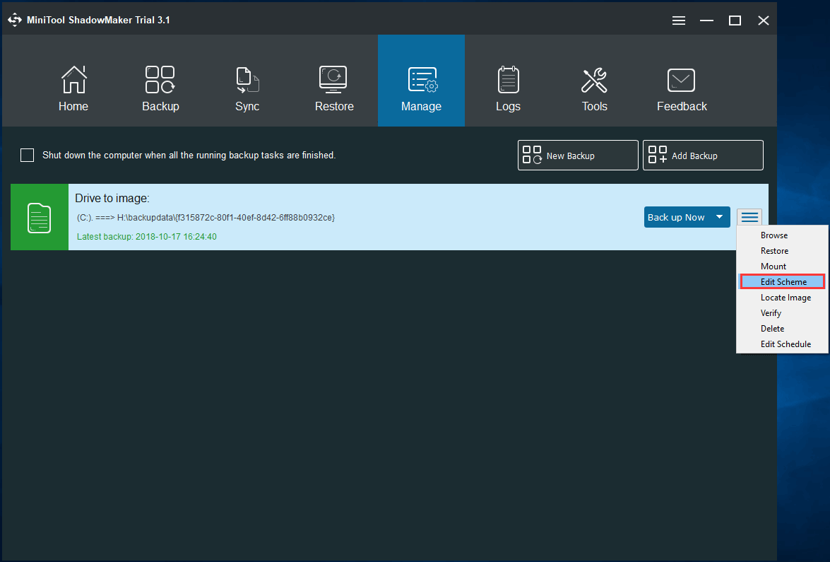 click edit scheme to delete Windows backup image Windows 10