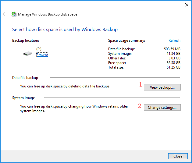 Manage Window Backup disk space window