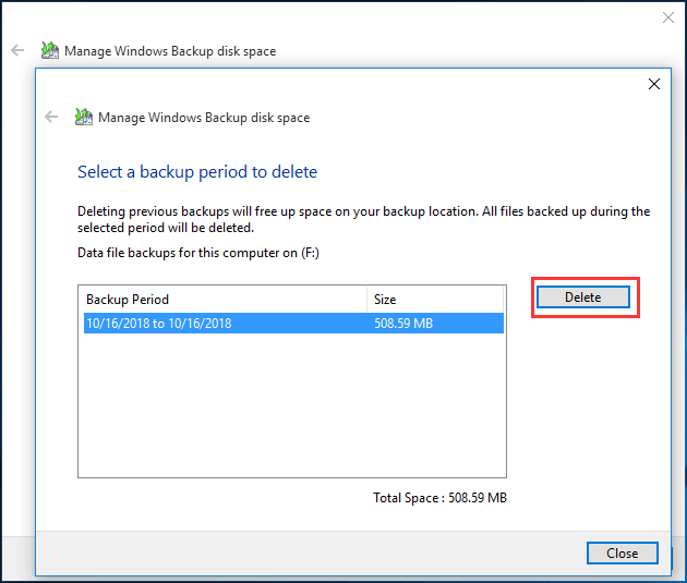delete backup files by clicking view backups button