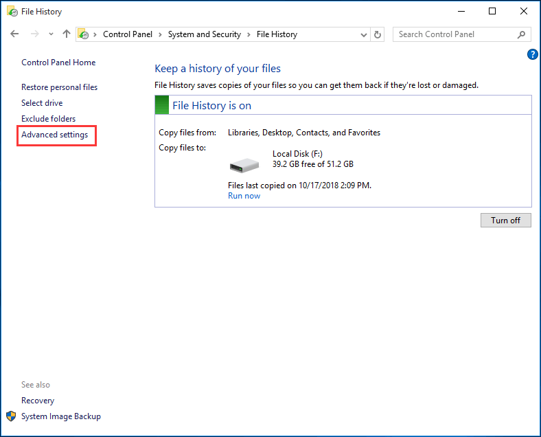 click advanced settings in File History window