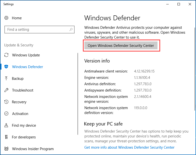 Windows Defender Windows 10