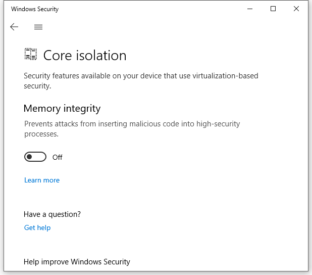 toggle off Memory integrity 