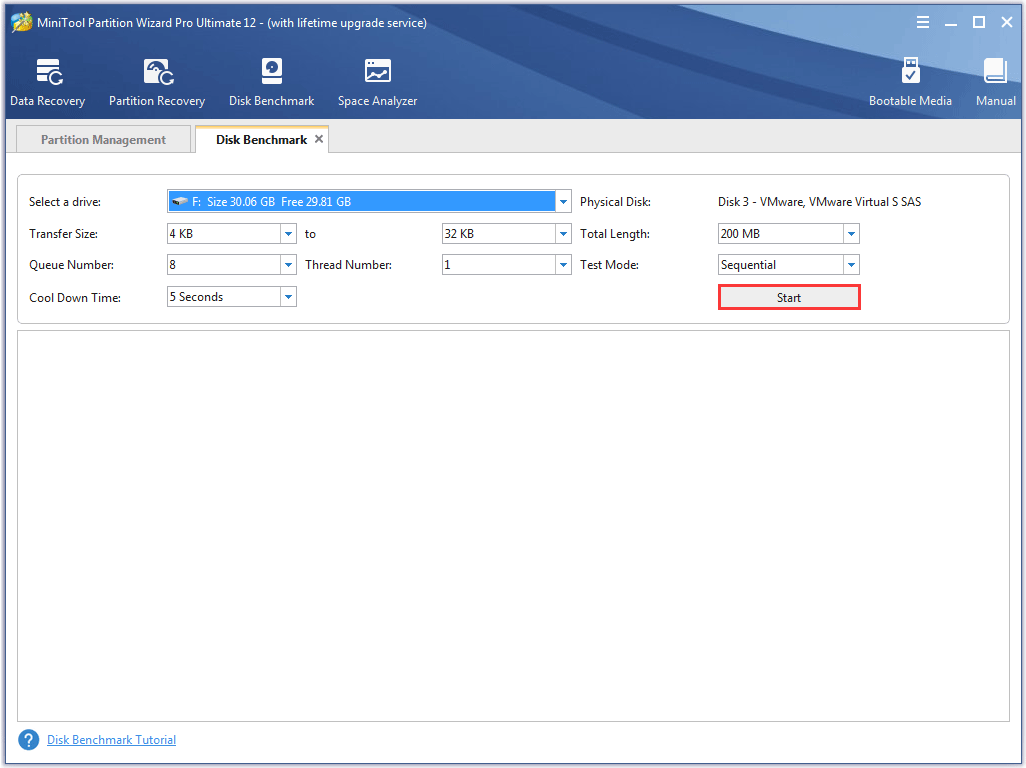 select a drive and specify the benchmarking parameters to start